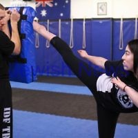 11-6-12. Krav Maga instructor Melinda Slonim warming up before taking a women's session. Photo: Peter Haskin 11-6-12. Krav Maga instructor Melinda Slonim warming up before taking a women's session. Photo: Peter Haskin