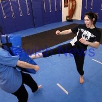 11-6-12. Krav Maga instructor Melinda Slonim demonstrating a front kick during a women's session. Photo: Peter Haskin 11-6-12. Krav Maga instructor Melinda Slonim demonstrating a front kick during a women's session. Photo: Peter Haskin