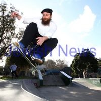 6-6-12. Rabbi and avid skate boader Dovid Tsap taking time out to practice a few moves at the Prahran skate park in Melbourne. Photo: Peter Haskin 6-6-12. Rabbi and avid skate boader Dovid Tsap taking time out to practice a few moves at the Prahran skate park in Melbourne. Photo: Peter Haskin
