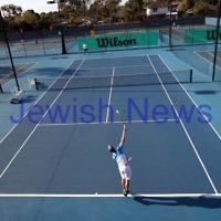30-9-12. Victorian Jewish Tennis Championships. Paul Arber def Luke Goldberg, 6 - 1, 6 - 3. Luke Goldberg serving. Photo: Peter Haskin