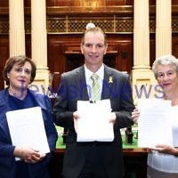 8-2-12. State Member for Caulfield, David Southwick pictured with Sharene Hambur (left) and JCCV President Nina Bassat in Victorian Parliament Chambers where a petition against the BDS movement is being being tabled by David Southwick. Photo: Peter Haskin