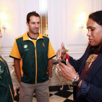 23-5-13. Olympic gold medalist Cathy Freeman talks to a few of the athletes going to the 19 Maccabiah Games in Israel in July 2013. The athletse are wearing the new Australian uniform. Photo: Peter Haskin