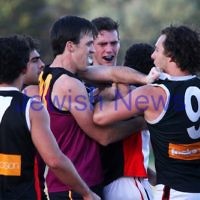 11-5-13. AJAX defeated Old Haileybury at Princes Park, Caulfield.  A bit of push and shove late in the last qtr. Photo: Peter Haskin