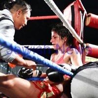 5-10-13. Road to Rebellion 2. Muay Thai boxing at Power House, Albert Park. Tali Silberman v Claire Foreman. Foreman defeats Silberman in unamimous points decision. Photo: Peter Haskin 5-10-13. Road to Rebellion 2. Muay Thai boxing at Power House, Albert Park. Tali Silberman v Claire Foreman. Foreman defeats Silberman in unamimous points decision. Photo: Peter Haskin