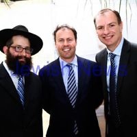 24-9-13. Succot in the Melbourne CBD. Chabad of Melbourne hosting lunch in their succah in the City Square. From left: Rabbi Chaim Herzog, Josh Frydenberg, David Southwick. Photo: Peter Haskin