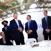 24-9-13. Succot in the Melbourne CBD. Chabad of Melbourne hosting lunch in their succah in the City Square. From left: Nina Bassat, Rabbi Chaim Herzog, Ted Bailieu, Josh Frydenberg, David Southwick. Photo: Peter Haskin