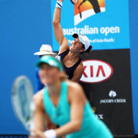 15-1-14. Australian Open 2014. Womens Doubles. Round 1. Shahar Peer (ISR)/Silvia Soler-Espinosa (ESP) def Yung-Jan Chan (TPE)/Janette Husarova (SVK) 7-5 4-6 6-4. Photo: Peter Haskin
