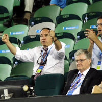 Australian Open 2008. Mens doubles final, winners Andy Ram and Jonathan Erlich. Israeli ambassador Yuval Rotem cheering the boys on. photo:peter haskin
