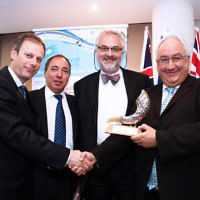 24-10-11. Michael Danby receives the 2011 Jerusalem prize from ZFA President Philip Chester (left), Israeli Ambassador Yuval Rotem and ZCV President Sam Tataka. Photo: Peter Haskin