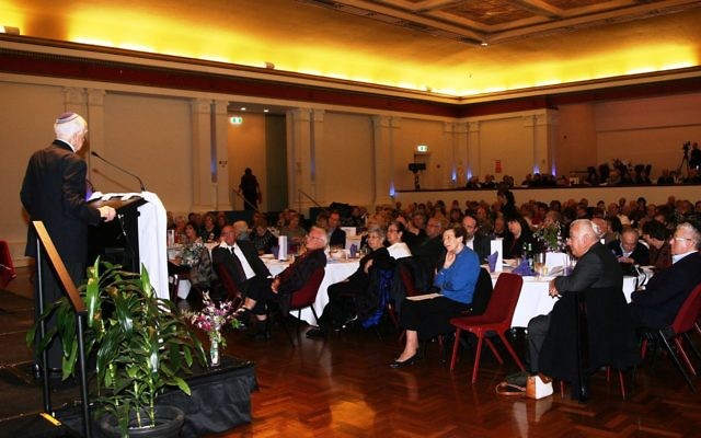31-5-15. B'nai B'rith 70th anniversary. Prof Louis Waller speakign the the guests at the GlenEira Town Hall. Photo: Paul Gardner.