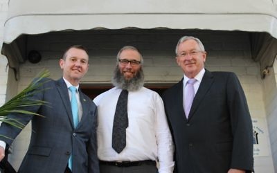 From left: Bruce Notley-Smith, Rabbi Mendel Kastel and Brad Hazzard at Jewish House.