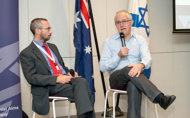 Shmuel Rosner (left) and Malcolm Turnbull in conversation at the ZFA plenary on Sunday. Photo: Jonathan Davis