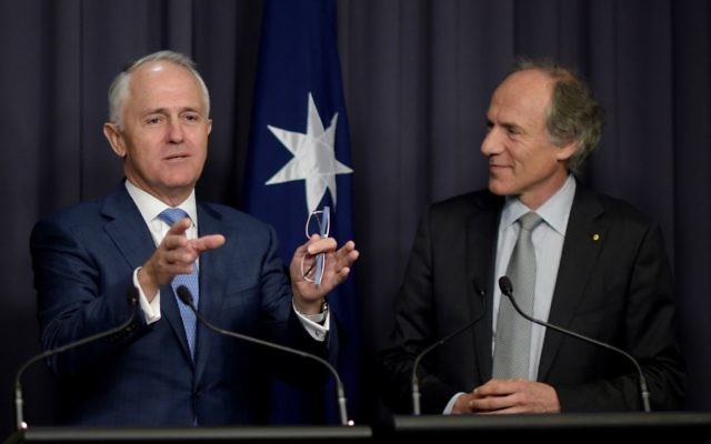 Prime Minister Malcolm Turnbull (left) and newly appointed chief scientist Dr Alan Finkel at Parliament House on Tuesday. Photo: AAP Image/Lukas Coch