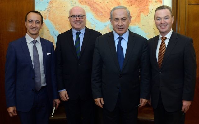 From left: Dave Sharma, George Brandis, Benjamin Netanyahu and Christopher Pyne.
