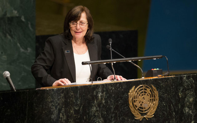 Marta Wise addresses the United Nations in New York.