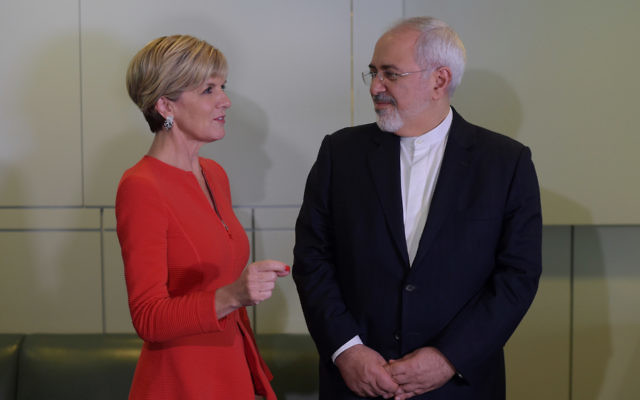 Julie Bishop (left) and Mohammad Javad Zarif on Tuesday. Photo: AAP Image/Lukas Coch