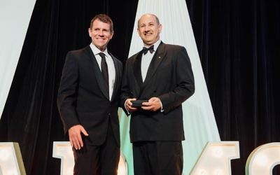 Jeremy Jones (right) receives the Harmony Award from Premier Mike Baird last week.