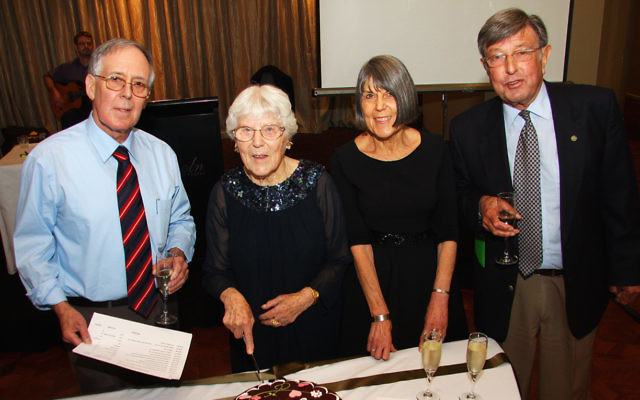 Leah Haskin at her 100th birthday with her three children, from left, Mark, Ruth and Leon. Photo: Peter Haskin.