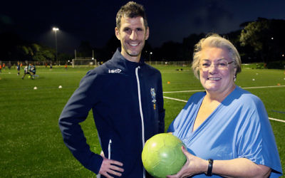 Hakoah Sydney City East Club president Mike Katz with Waverley mayor Sally Betts at the launch of a synthetic field at Waverley Oval. Photo: Noel Kessel.