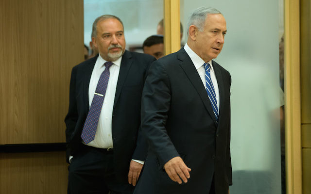 Israeli Prime Minister Benjamin Netanyahu and Israel's new Defence Minister Avigdor Lieberman arriving at a joint press conference in the Knesset on Monday, May 30. Photo: Yonatan Sindel/Flash90/JTA.