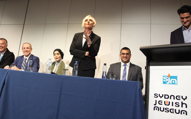 Catherine McGregor makes a point about tackling prejudice at a panel discussion at the Sydney Jewish Museum on June 15. Photo: Giselle Haber.