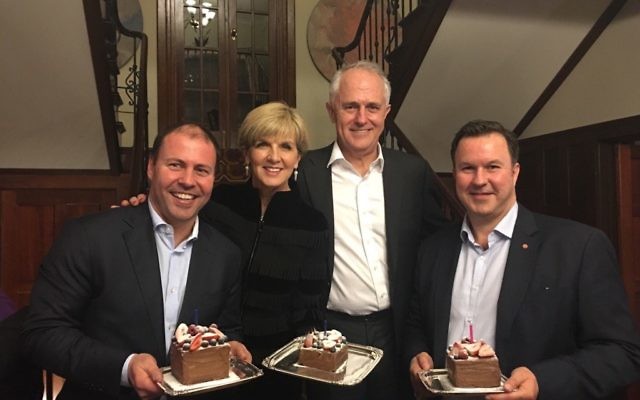 Happy Birthday: Josh Frydenberg MP (on left) with foreign minister Julie Bishop, prime minister Malcolm Turnbull and Senator David Bushby in The Lodge, Canberra, last week.