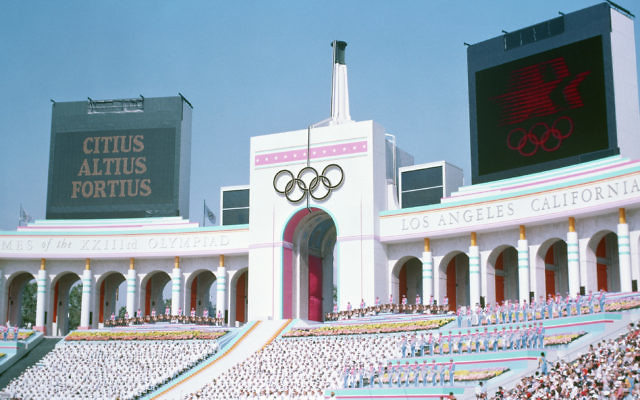 Olympic Torch Tower of the Los Angeles Coliseum  during the opening ceremony of the 1984 Summer Olympics.