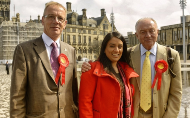 Naz Shah, center, was suspended from the British Labour Party on April 27, 2016. (JTA)