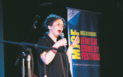 Festival creative director Justine Sless doing stand-up at the Melbourne Jewish Comedy Festival. Photo: Peter Haskin