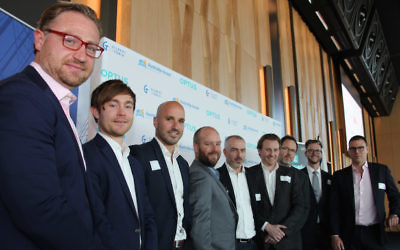 Back from Austrade’s Tel Aviv Landing Pad: FlashFX co-founder Nicolas Steiger, Valient Finance co-founder Ritchie Cotton, Manner co-founder Simon O’Dell, Phriendly Phishing general manager Damian Grace, Meeco chief operating officer Mike Page, CapitalPitch co-founder Jeremy Liddle, FlashFX co-founder Michael O’Sullivan, Ryan Smith from the Department of Premier and Cabinet, and Sail Funding CEO and founder Yanir Yakutiel. Photo: Shane Desiatnik
