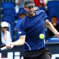 11-1-17. Israel’s Amir Weintraub went down in straight sets 2-6 2-6 to Ivan Dodig from Croatia in the first round of qualifying for the Australian Open. Photo: Peter Haskin
