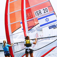 6-12-16. Sailing World Cup Final, Melbourne 2016. Women RS-X (wind surfing). Israeli Noga Geller (5), Noy Drihan (20). Photo: Peter Haskin