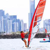 10-12-16. Sailing World Cup Final, Melbourne 2016. Women RS-X (wind surfing). Israeli Noy Drihan (20). Photo: Peter Haskin