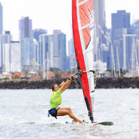 10-12-16. Sailing World Cup Final, Melbourne 2016. Women RS-X (wind surfing). Israeli Noga Geller (5). Photo: Peter Haskin