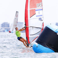 10-12-16. Sailing World Cup Final, Melbourne 2016. Women RS-X (wind surfing). Israeli Noga Geller (5). Photo: Peter Haskin