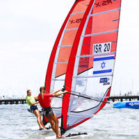 10-12-16. Sailing World Cup Final, Melbourne 2016. Women RS-X (wind surfing). Israel's Noga Geller (5), Noy Drihan (20). Photo: Peter Haskin