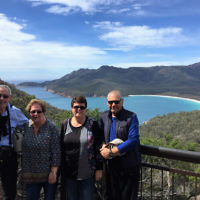 Philip and Helen Cohen with friends Carol and Jeff Shineberg on holidays at the Lookout over Wineglass Bay, on the Freycinet Peninsular, Tasmania.