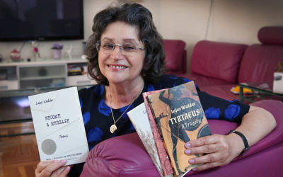 Agnes Walder with the books of poetry and plays written by her father, Lajos Walder, that she translated from Hungarian to English.
Photo: Noel Kessel