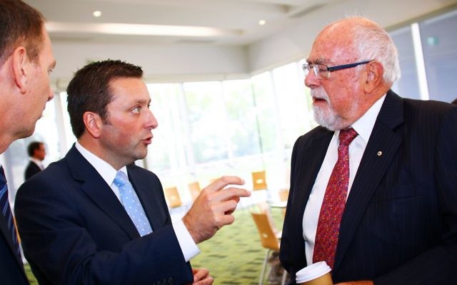 Grahame Leonard (right) speaking with Opposition leader Matthew Guy last year. Photo: Peter Haskin
