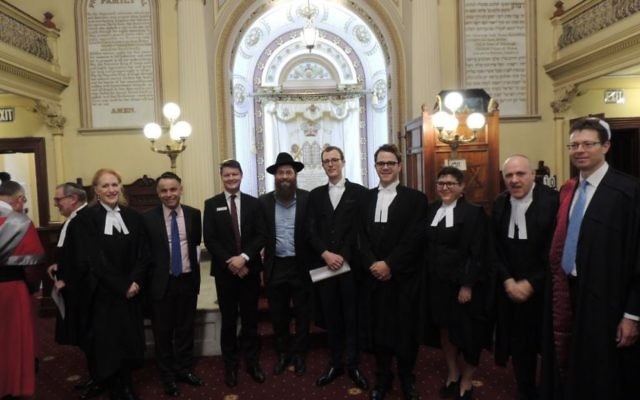From left: Janine Wald, barrister; John Pesutto, Victorian Shadow Attorney-General; Ben Carroll, Victorian Parliamentary Secretary for Justice; Rabbi Dovid Gutnick; Raph Ajzensztat, barrister; Nic Cozens, barrister; Annette Charak, barrister; Ian Waller, QC; and Justice Mark Moshinsky of the Federal Court of Australia.