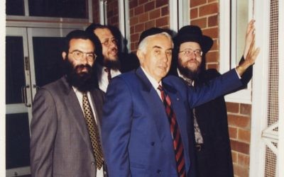 In happier times at Yeshiva . . . Harry Triguboff (centre front) flanked by Rabbi Dovid Slavin on his right, Rabbi Pinchus Feldman on his left, and Rabbi Yaakov Lieder at the back.