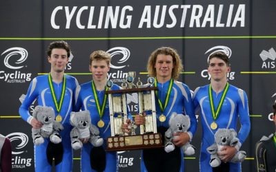 Riley Hart (far right) with his Victorian teammates on the podium after winning the U19 men's team pursuit final at the 2017 National Track Cycling Championships in the Gold Coast last week.