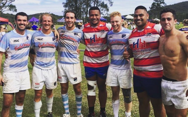 Maccabi captain Nathan Ezekiel (on far right) and teammates (in blue and white, from left,) Liam Baum, Harry Goldman, Jared Elison and David Krantz, at the Crescent Head Rugby 7s on March 4.