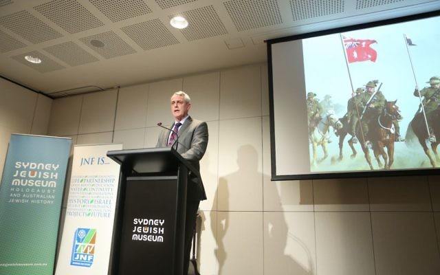 Australian War Graves director Ken Corke speaking at the launch of the In Their Steps exhibition at the Sydney Jewish Museum. Photo: Giselle Haber