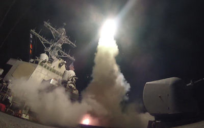 The USS Porter firing a Tomahawk missile at a Syrian military airfield last Friday. 
Photo: Ford Williams/US. Navy via Getty Images/JTA