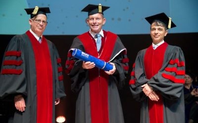 Tony Abbott (centre) with Tel Aviv University president Professor Joseph Klafter (left) and Professor Yaron Oz.