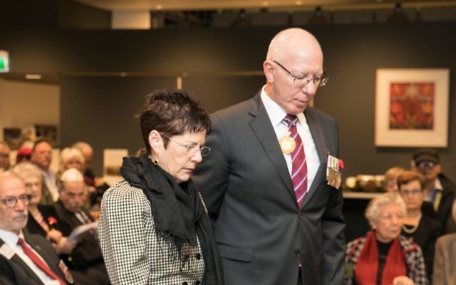 Governor of NSW David Hurley and his wife Linda after laying a wreath at the Anzac service at the Sydney Jewish Museum. Photo: Nadine Saacks