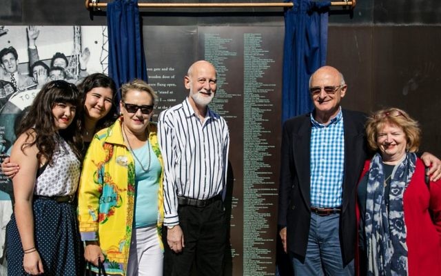 From left: Lucilla, Isobel, Nicola and Michael Ronai with Bob and Deirdre Ronai at the new panel added to the Migrant Welcome Wall in Sydney on May 7.