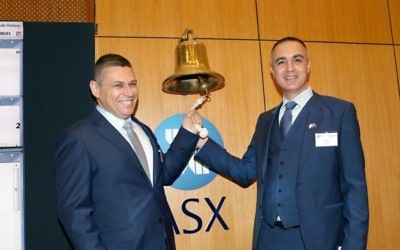 Mobilicom co-founders Yossi Segal (left) and Oren Elkayam ring the famous ASX bell in Sydney to mark the public listing of the Israeli company on May 2, Israel’s Independence Day. Photo: Noel Kessel