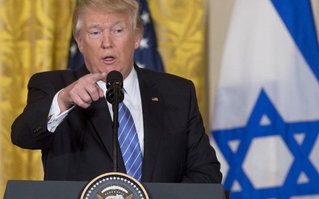 Donald Trump speaks during a joint press conference with Minister Benjamin Netanyahu. Photo: Saul Loeb / AFP